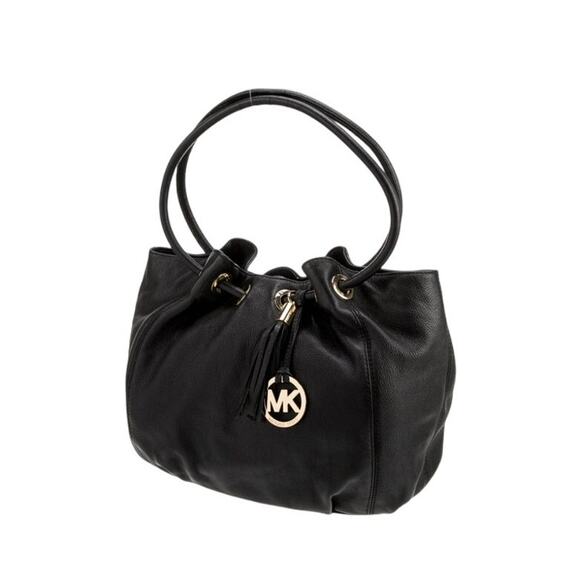 Michael Kors Black Gold-Tone Hardware Tasseled Leather Top Handle Bucket Bag - Picture 4 of 15